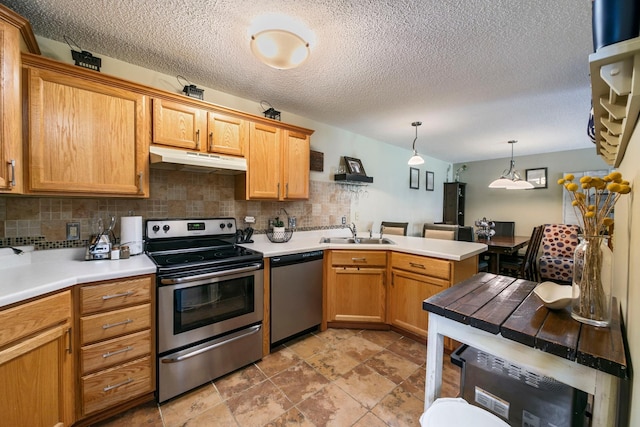 kitchen with appliances with stainless steel finishes, a sink, under cabinet range hood, a peninsula, and tasteful backsplash