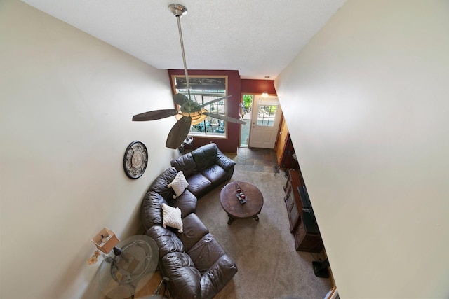 carpeted living area with a ceiling fan and a textured ceiling