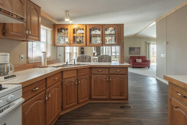 kitchen featuring a peninsula, light countertops, glass insert cabinets, lofted ceiling, and brown cabinets