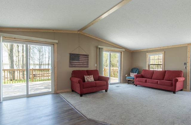 living room with lofted ceiling, healthy amount of natural light, wood finished floors, and baseboards