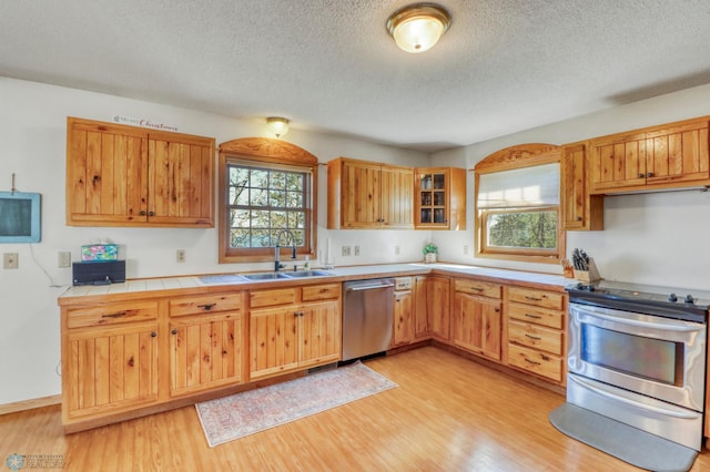 kitchen featuring appliances with stainless steel finishes, a sink, plenty of natural light, light wood-style flooring, and a textured ceiling