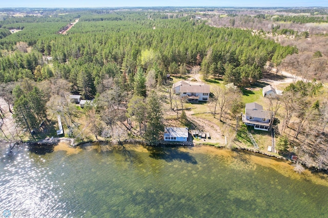 drone / aerial view of a forest and a nearby body of water