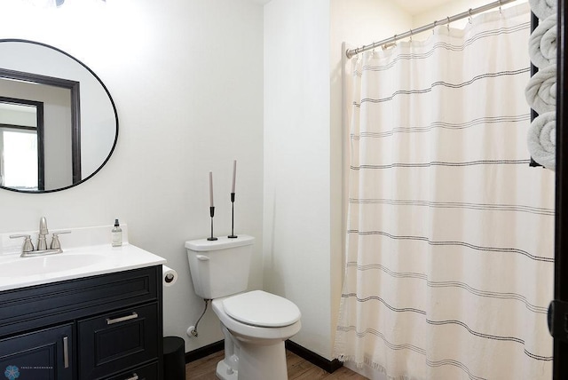 14840 Eaglewood Dr, Burlington Twp, MN 56501 - full bath featuring wood finished floors, toilet, vanity, and curtained shower
