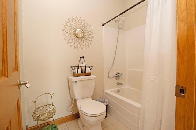 15212 63rd St SE, Santiago Twp, MN 55308 - bathroom featuring tile patterned floors, toilet, shower / bathtub combination with curtain, and baseboards