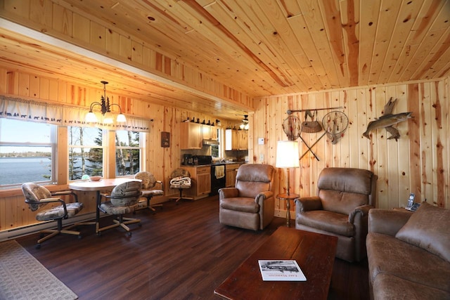 3291 Thomas Rd, Greenwood Twp, MN 55790 - living area with dark wood-type flooring, a chandelier, wooden walls, and wooden ceiling