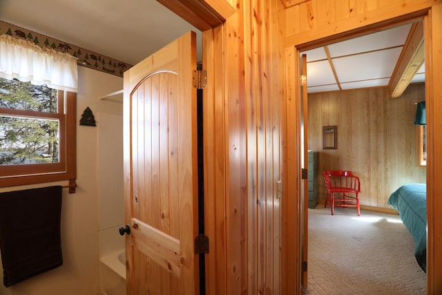 3291 Thomas Rd, Greenwood Twp, MN 55790 - carpeted bedroom featuring wood walls