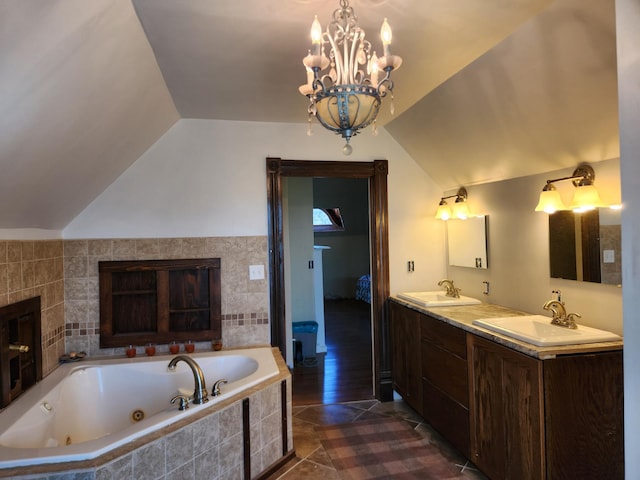 21 3rd St E, Ada, MN 56510 - full bath featuring lofted ceiling, a jetted tub, tile patterned floors, a chandelier, and double vanity