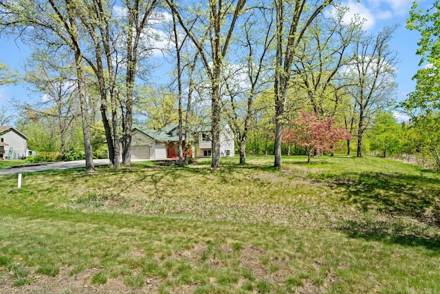 view of green lawn featuring a garage and concrete driveway