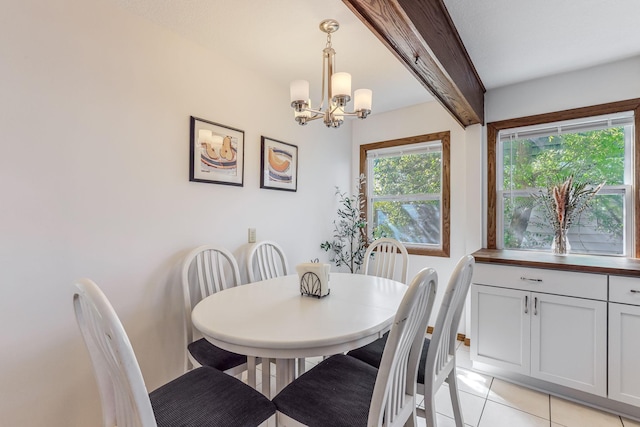 998 Saint Paul Ave, Saint Paul, MN 55116 - dining room with a chandelier, light tile patterned flooring, and beamed ceiling