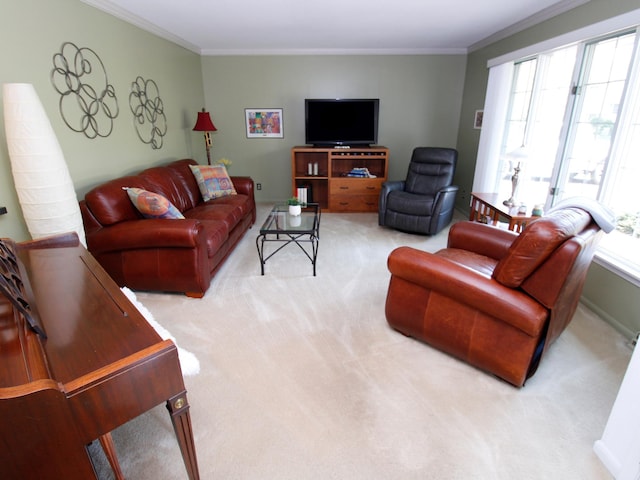 carpeted living room featuring crown molding