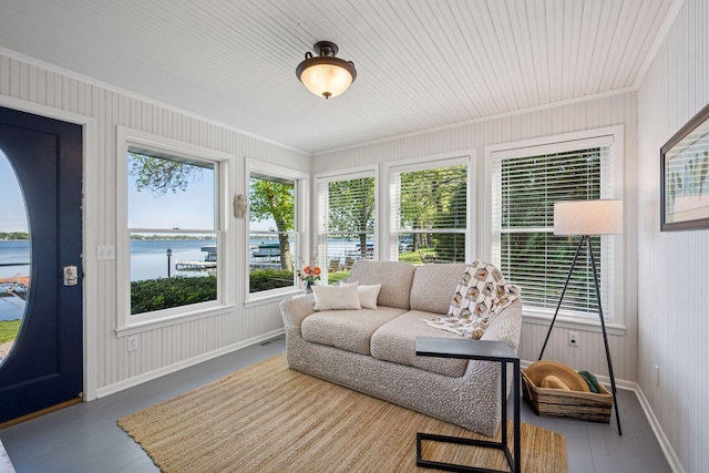 10547 Hollister Ave NW, Maple Lake, MN 55358 - sunroom with a water view, baseboards, wood finished floors, and ornamental molding