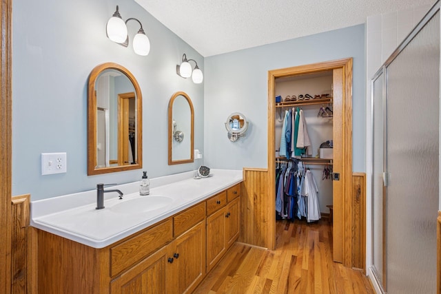 10547 Hollister Ave NW, Maple Lake, MN 55358 - bathroom featuring wood finished floors, a wainscoted wall, a stall shower, a walk in closet, and vanity