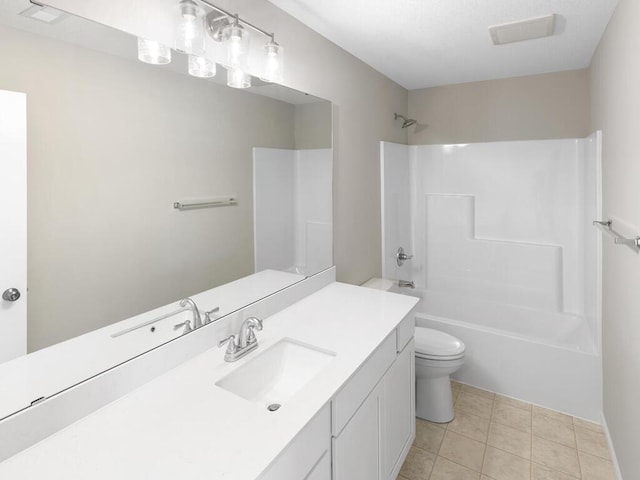 bathroom with toilet, bathtub / shower combination, tile patterned flooring, and vanity