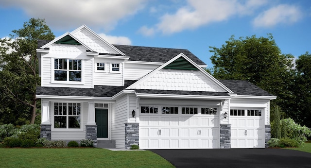 9587 Jada Way, Elko New Market, MN 55020 - craftsman inspired home with stone siding, a garage, asphalt driveway, a front yard, and roof with shingles