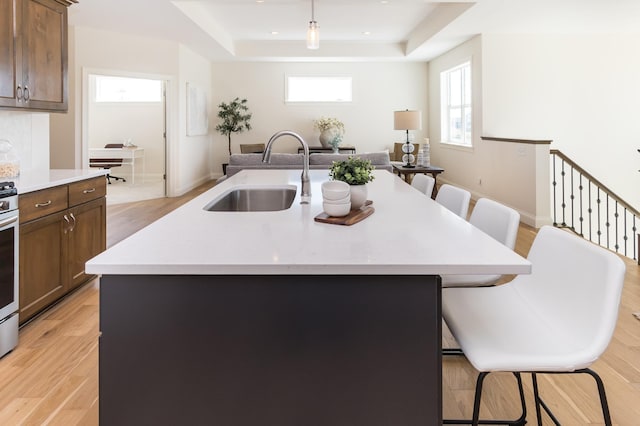 kitchen with a sink, a tray ceiling, a kitchen bar, light wood-style flooring, and light countertops