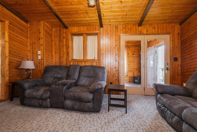 35445 County Highway 36, Vergas, MN 56587 - living area with beam ceiling, wood ceiling, carpet, and wood walls