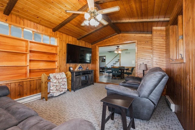 35445 County Highway 36, Vergas, MN 56587 - living area with wooden walls, wood ceiling, baseboard heating, ceiling fan, and stairs