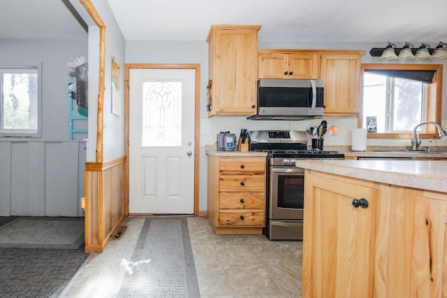 35445 County Highway 36, Vergas, MN 56587 - kitchen featuring stainless steel appliances, a sink, light brown cabinetry, and plenty of natural light