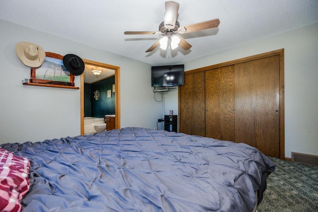 35445 County Highway 36, Vergas, MN 56587 - bedroom featuring carpet, a closet, ensuite bathroom, and a ceiling fan