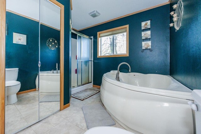 35445 County Highway 36, Vergas, MN 56587 - bathroom featuring toilet, a shower stall, a garden tub, ornamental molding, and baseboards