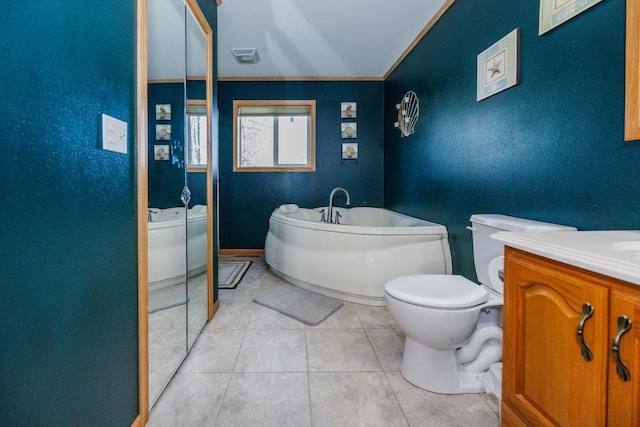 35445 County Highway 36, Vergas, MN 56587 - bathroom with toilet, a bath, tile patterned floors, vanity, and ornamental molding