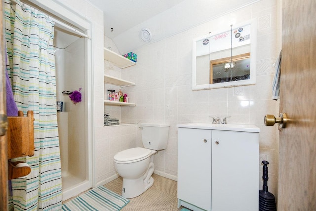 35445 County Highway 36, Vergas, MN 56587 - full bathroom featuring tile walls, a stall shower, tile patterned floors, toilet, and vanity