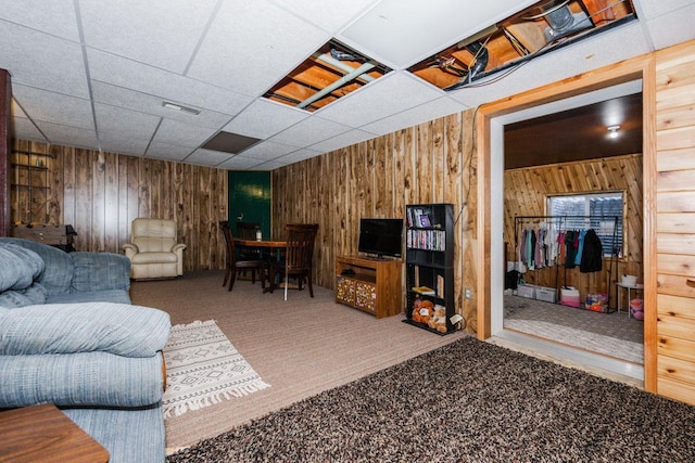 35445 County Highway 36, Vergas, MN 56587 - living room featuring wood walls and carpet flooring