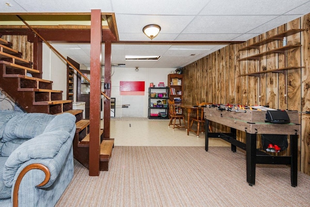 35445 County Highway 36, Vergas, MN 56587 - finished basement featuring stairway, wood walls, carpet floors, and a drop ceiling
