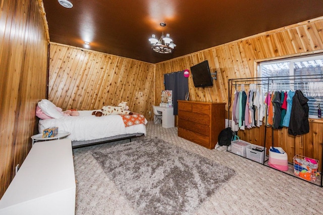 35445 County Highway 36, Vergas, MN 56587 - carpeted bedroom with wood walls and a chandelier