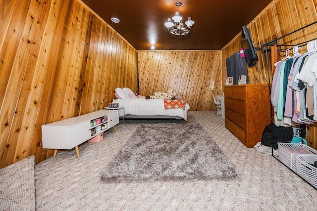 35445 County Highway 36, Vergas, MN 56587 - bedroom featuring carpet, wood walls, and a chandelier