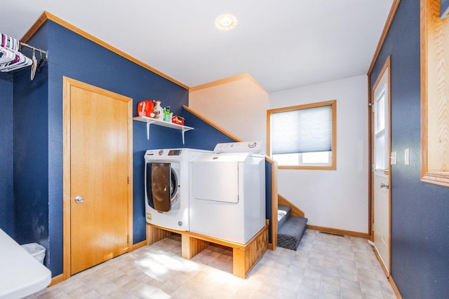 35445 County Highway 36, Vergas, MN 56587 - clothes washing area with washing machine and clothes dryer, baseboards, and light flooring