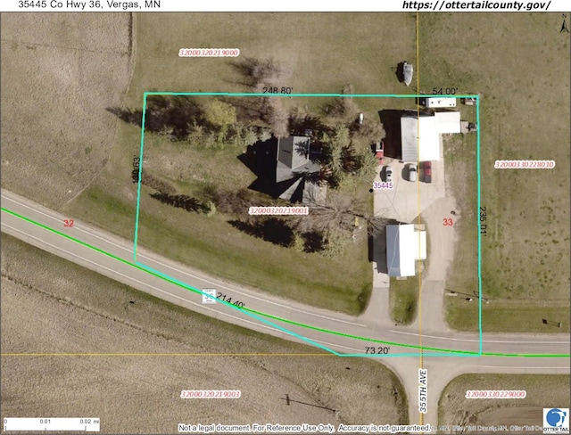 35445 County Highway 36, Vergas, MN 56587 - aerial map of property and surrounding area with property parcel outlined