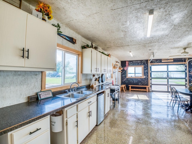 kitchen featuring a sink, healthy amount of natural light, dishwasher, and white cabinetry