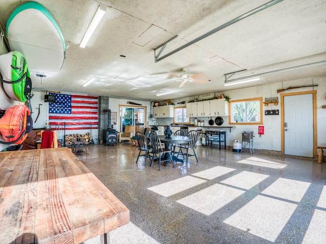 garage with a ceiling fan