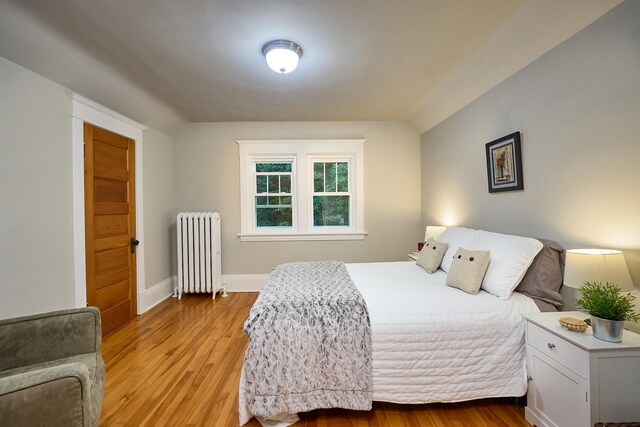 4448 Aldrich Ave S, Minneapolis, MN 55419 - bedroom featuring radiator, light wood-style floors, and vaulted ceiling