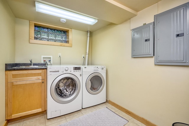 4448 Aldrich Ave S, Minneapolis, MN 55419 - laundry area featuring electric panel, light tile patterned floors, cabinet space, and washer and dryer