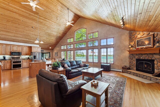 1823 313th Ave NE, Isanti Twp, MN 55008 - living area featuring a baseboard heating unit, high vaulted ceiling, ceiling fan, wood ceiling, and a fireplace