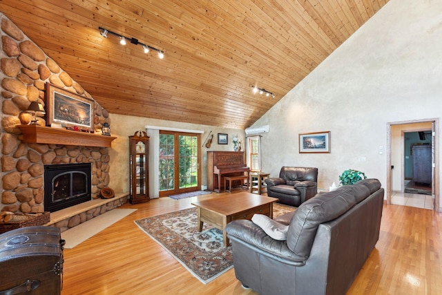1823 313th Ave NE, Isanti Twp, MN 55008 - living room featuring wooden ceiling, track lighting, wood finished floors, high vaulted ceiling, and a fireplace