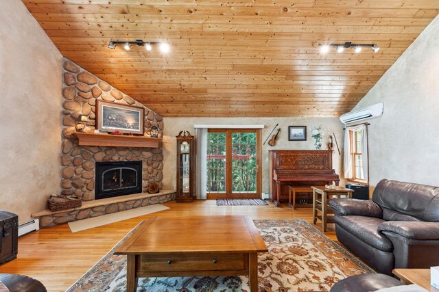 1823 313th Ave NE, Isanti Twp, MN 55008 - living room with wood ceiling, a baseboard radiator, lofted ceiling, healthy amount of natural light, and wood finished floors