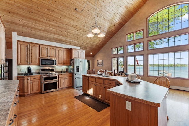 1823 313th Ave NE, Isanti Twp, MN 55008 - kitchen featuring stainless steel appliances, high vaulted ceiling, light wood-style floors, a chandelier, and wood ceiling