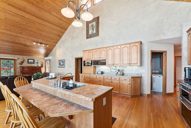 1823 313th Ave NE, Isanti Twp, MN 55008 - kitchen featuring high vaulted ceiling, a sink, a breakfast bar area, wooden ceiling, and light wood finished floors