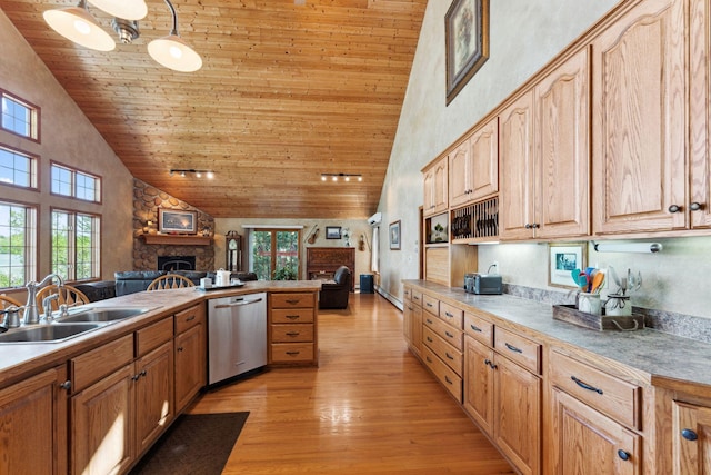 1823 313th Ave NE, Isanti Twp, MN 55008 - kitchen featuring stainless steel dishwasher, high vaulted ceiling, wooden ceiling, a sink, and open floor plan