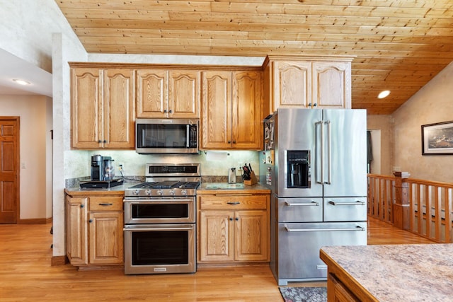 1823 313th Ave NE, Isanti Twp, MN 55008 - kitchen featuring stainless steel appliances, vaulted ceiling, light wood finished floors, wood ceiling, and recessed lighting