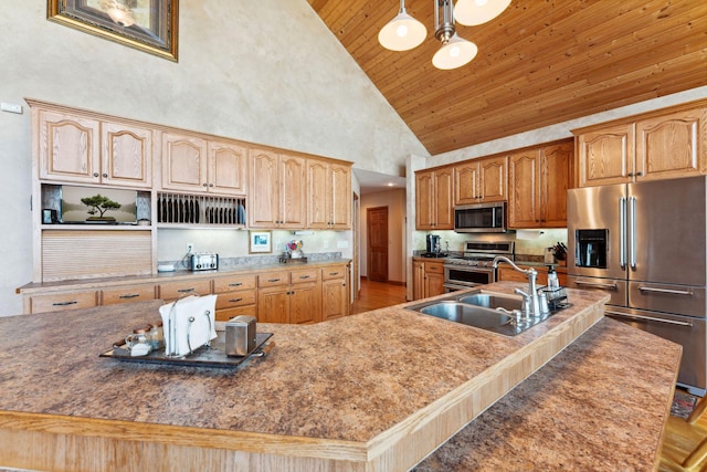 1823 313th Ave NE, Isanti Twp, MN 55008 - kitchen featuring high end appliances, high vaulted ceiling, wood ceiling, a sink, and a center island with sink