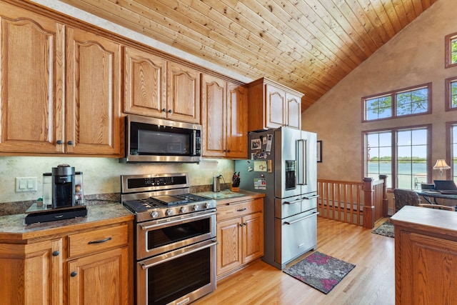 1823 313th Ave NE, Isanti Twp, MN 55008 - kitchen with appliances with stainless steel finishes, wooden ceiling, light wood-style flooring, high vaulted ceiling, and brown cabinets