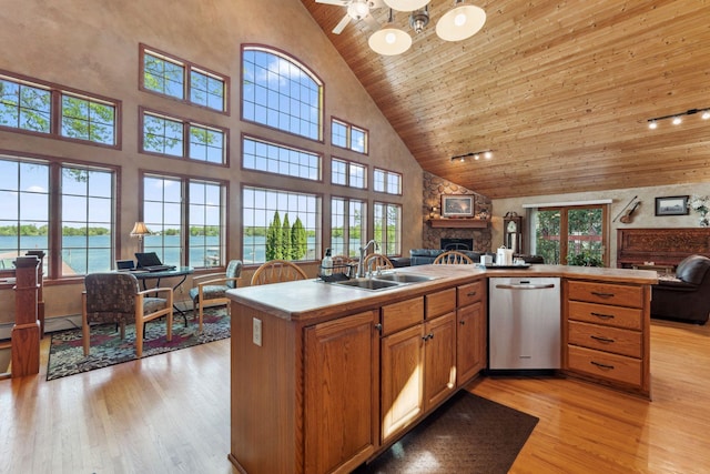 1823 313th Ave NE, Isanti Twp, MN 55008 - kitchen featuring open floor plan, high vaulted ceiling, dishwasher, a sink, and wood ceiling