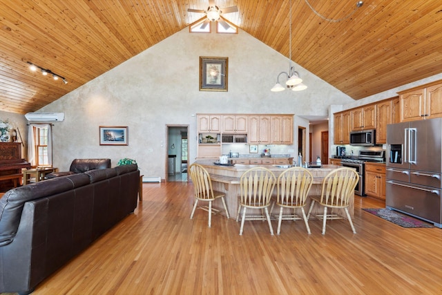 1823 313th Ave NE, Isanti Twp, MN 55008 - dining space featuring wooden ceiling, high vaulted ceiling, light wood finished floors, ceiling fan, and a chandelier