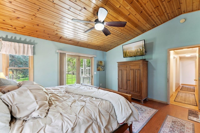 1823 313th Ave NE, Isanti Twp, MN 55008 - bedroom featuring vaulted ceiling, wooden ceiling, access to exterior, wood finished floors, and a ceiling fan