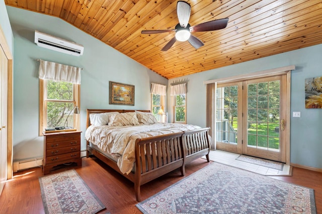 1823 313th Ave NE, Isanti Twp, MN 55008 - bedroom featuring vaulted ceiling, a wall mounted air conditioner, access to outside, wood ceiling, and a baseboard heating unit