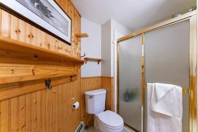 1823 313th Ave NE, Isanti Twp, MN 55008 - full bathroom featuring wood walls, toilet, a stall shower, wainscoting, and a textured ceiling